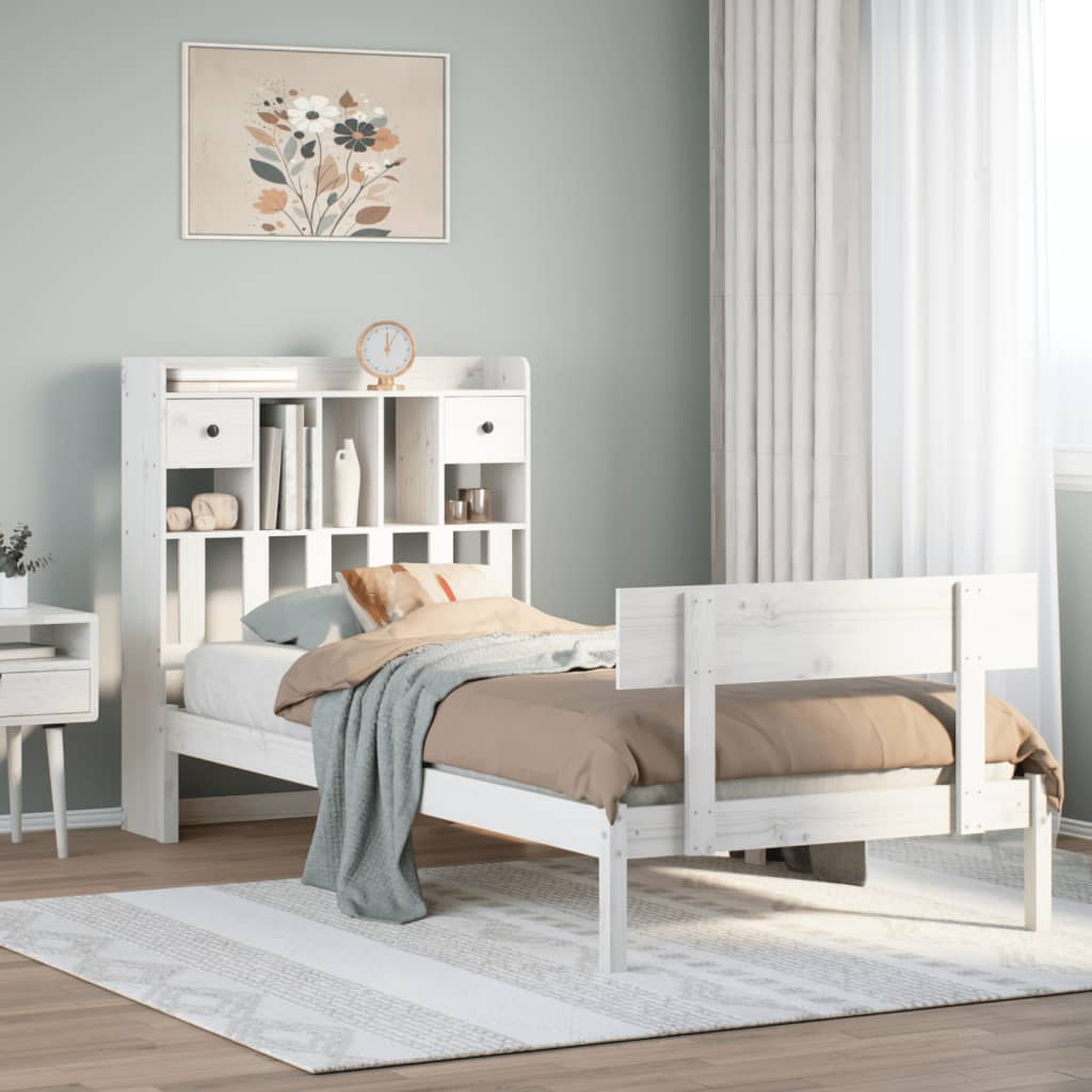 Solid Wood Bed with Shelf Without Mattress White 90x200 Cm Pine