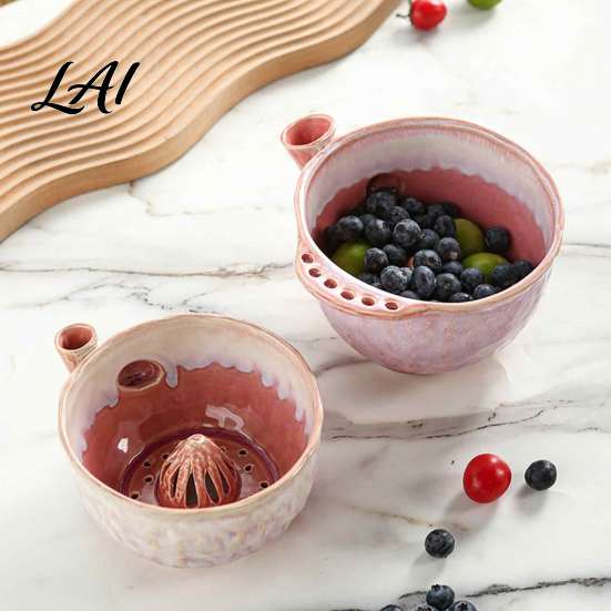 Ciotola per Lavare la Frutta in Ceramica con Motivo a Spirale di Bacche Colino Autogirante con Fori di Drenaggio Strumento di Preparazione per la Cucina per Fragole Uva Salutare