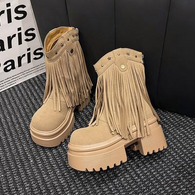 Mode Damen Quasten High Heels 9CM Dicke Plateauschuhe Kurze Stiefel Leder Klobige Schuhe Frau Herbst Winter Plateau Motorradstiefel Botas