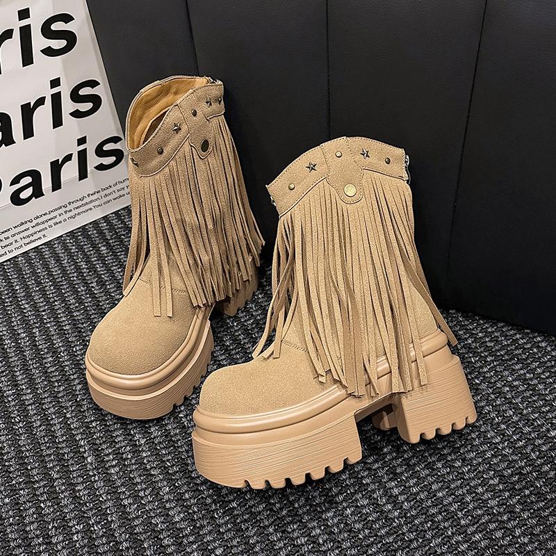 Fashion Women Tassels High Heels 9CM Thick Platform Short Boots Suede Chunky Shoes Woman Autumn Winter Platform Motorcycle Boots Botas