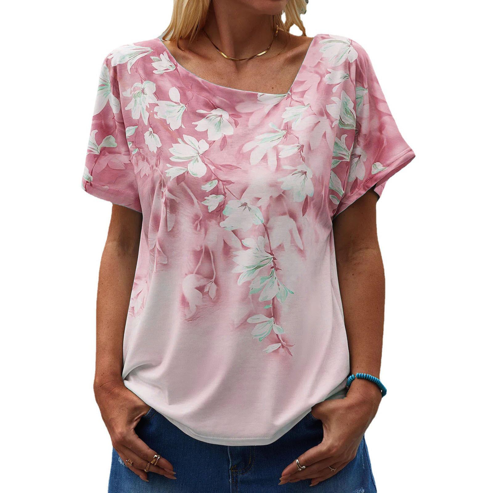 

Летние топы, свободный топ с нестандартным v-образным вырезом, повседневная футболка с короткими рукавами и цветочным принтом, женская одежда 5XL розовый