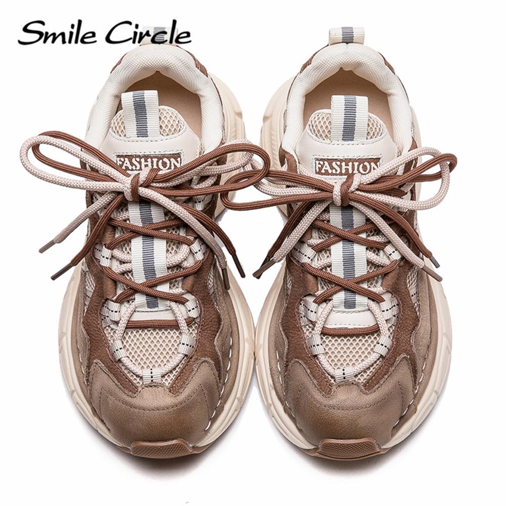 Damen Sneakers aus echtem Leder mit runder Zehenpartie und zunehmender Höhe, modische Freizeitschuhe mit dicker Sohle