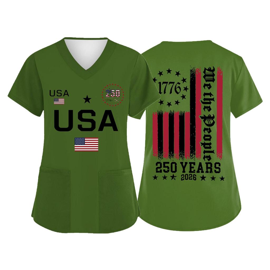 Women's V Neck Short Sleeve Work Shirt with Pockets USA Independence Day Print Medical Uniform Top for Caregivers and Healthcare Professionals