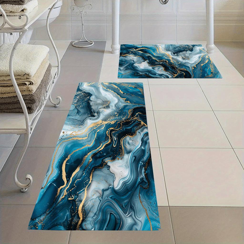 1Pcs Anti Fatigue Kitchen Rugs Blue Marble Textured Waterproof Non-Slip Thick Cushioned Kitchen Mat Heavy Duty Comfort Standing Mat for Kitchen