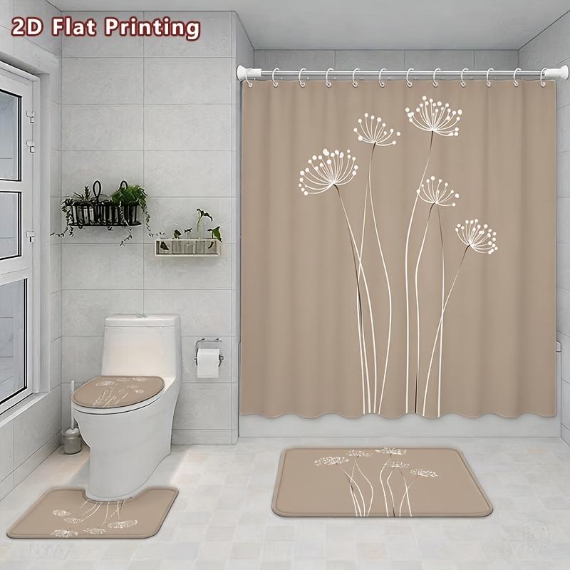 4Pcs 2D Flat Minimalist Dandelion Shower Curtain Set with Non-Slip Bath Mat, Toilet Lid Cover, Contour Rug & 12 Hooks, Bathroom Decor