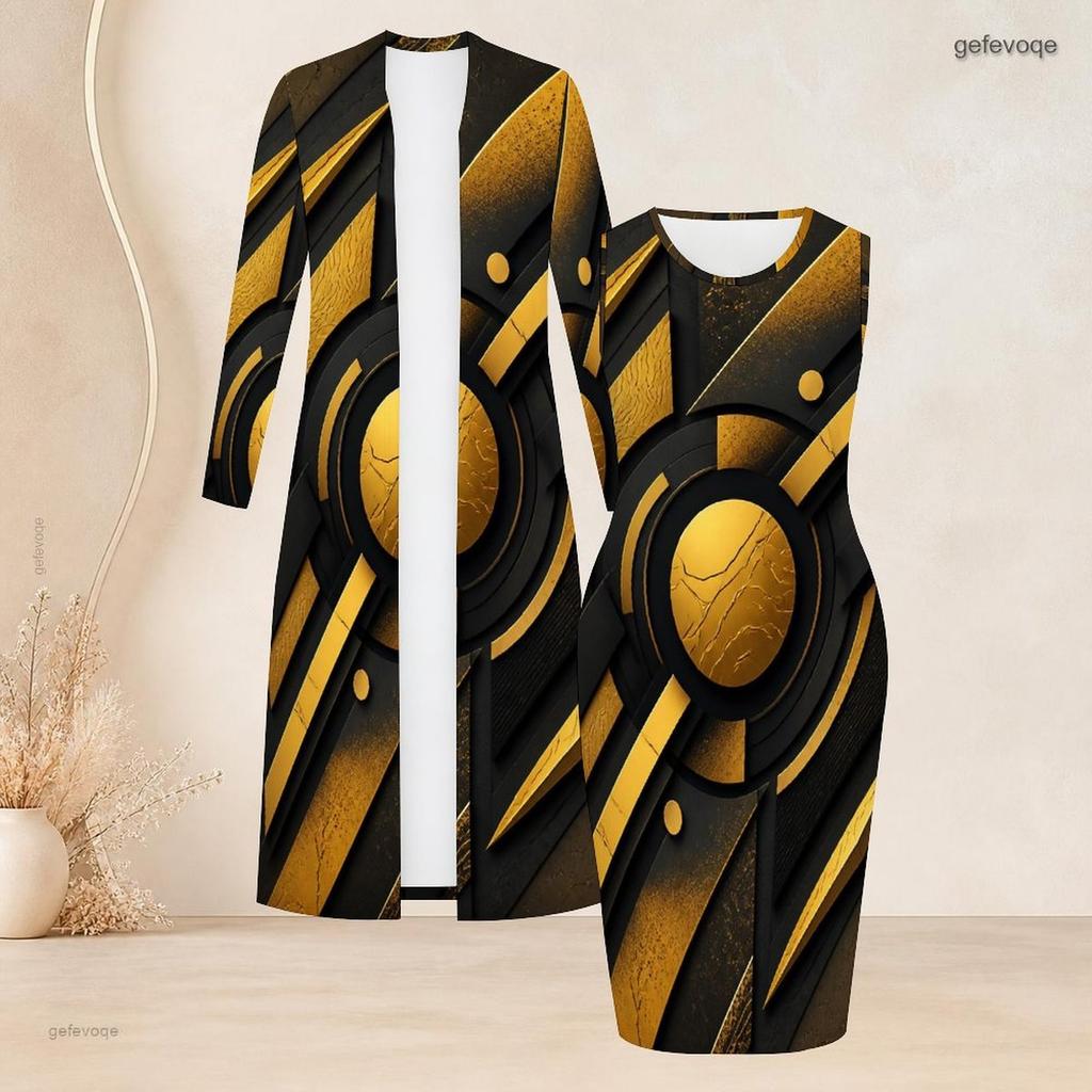 Women Plus Size Two Piece Set Long Sleeve Open Front Cardigan Round Neck Sleeveless Bodycon Dress Black Gold Printed