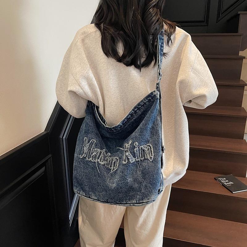 New retro rough edge washed embroidery letter denim tote bag large capacity shoulder bag women