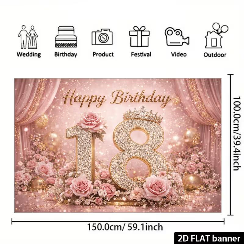 2D Pink Gold 18th Birthday Backdrop for Debut/Coming-of-Age Party Photoshoot