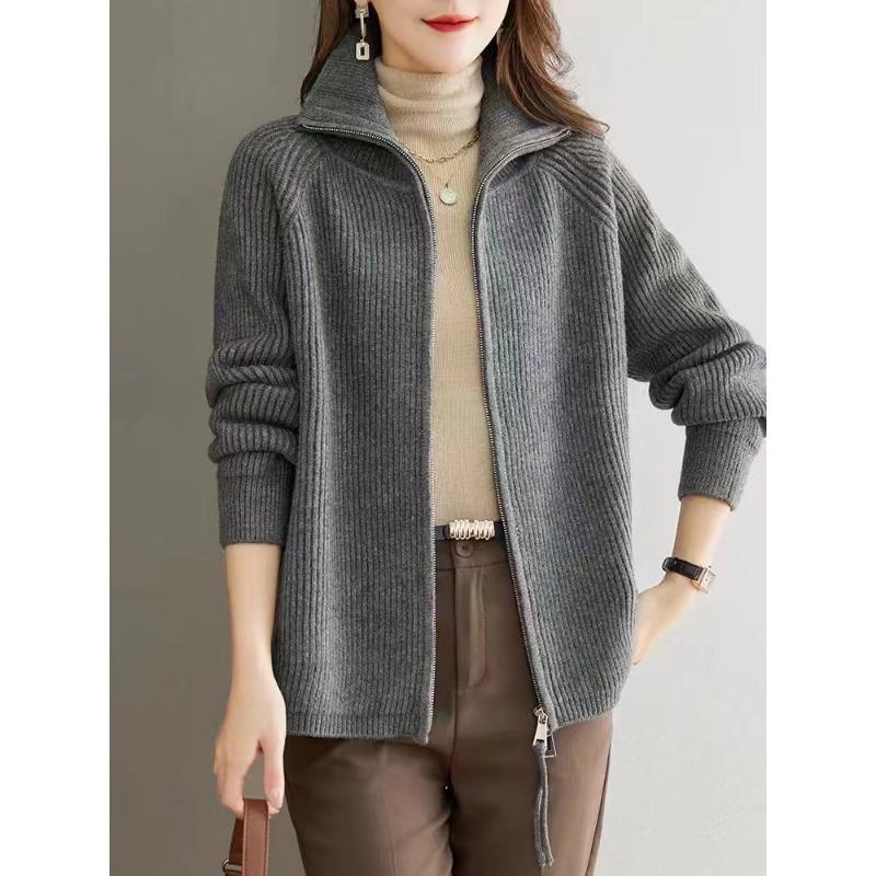 Solid Color Autumn and Winter New Loose Double Zipper Sweater Jacket for Women's Lazy Style Large Size Casual Knitted Cardigan for Women