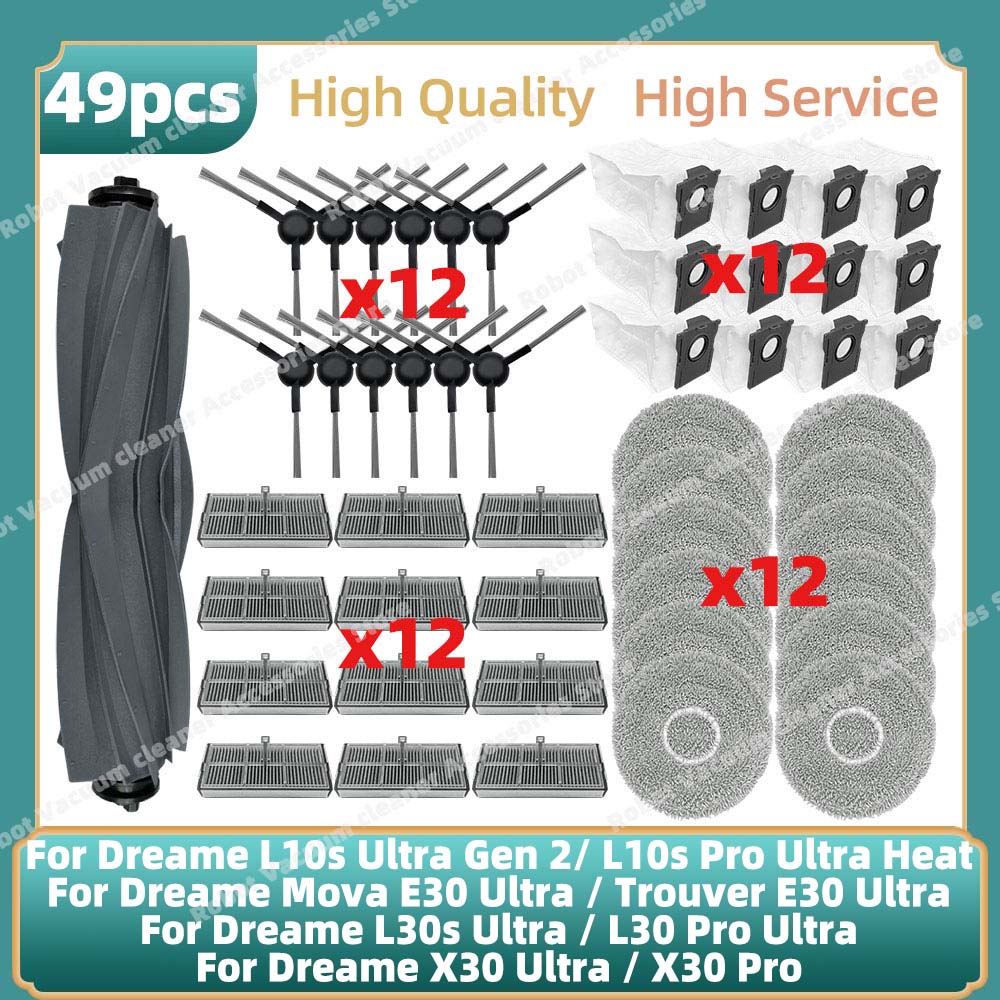 Passend für Dreame L10s Ultra Gen 2 / L10s Pro Ultra Heat / Mova E30 Ultra / Trouver E30 Ultra Ersatzteile: Hauptbürste, Seitenbürste, Filter, Wischbeutel