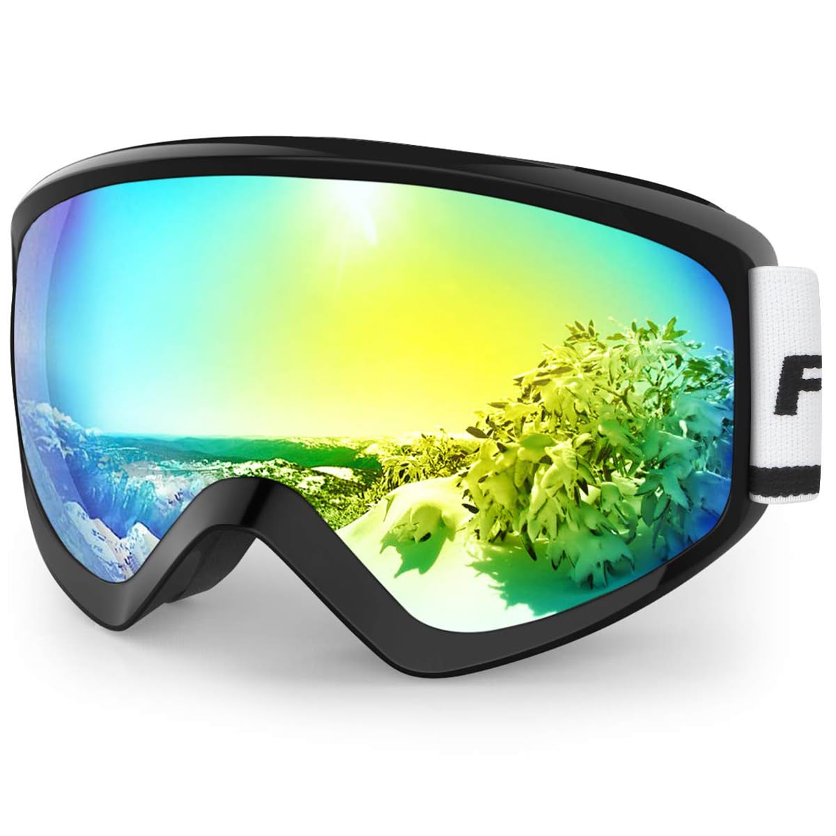 

Findway Kids Ski Goggles, OTG, Anti-Fog Spherical Lens, UV400, Helmet Compatible (Golden Lens/Black Frame, VLT 7.74%)