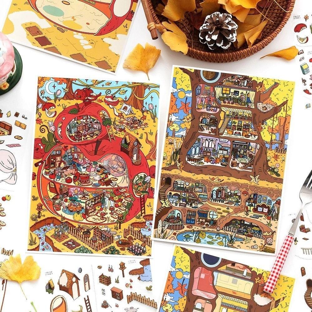 Retro Style Landscape Sticker DIY Crafts Die-cut 3D Stacking Sticker My Little Tree House Miniature Stickers Children Gifts