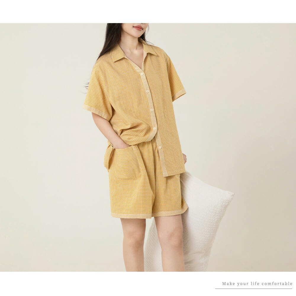 Yes Family Double Gauze Pajama Short Front Check Size Yellow Women's Set, 100% Cotton, Sleeves, Opening, Pattern, XL,