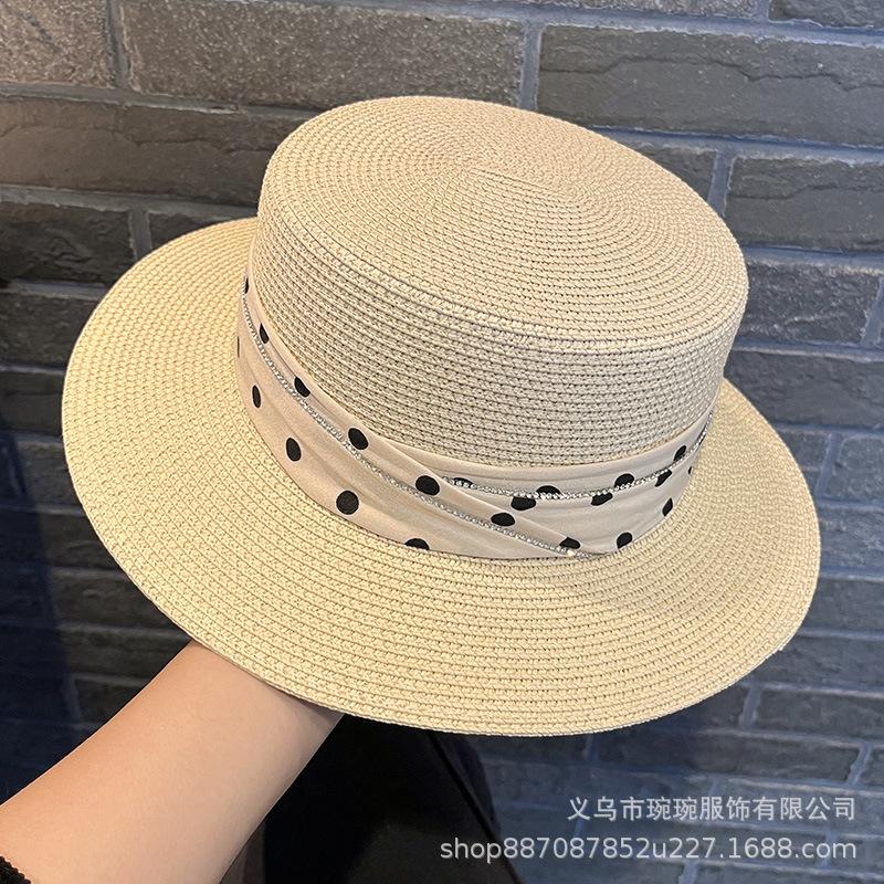 Polka Dot Rhinestone Ribbon Straw Hat Women's French Summer Seaside Vacation Sun Hat Fine Grass Weaving Sunshade Tea Party Top Hat