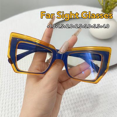 Women's Large-frame Retro Anti-blue Light Fashionable Presbyopia Glasses Ultra-light Polygon Color Blocked Glasses +1.0 To +4.0