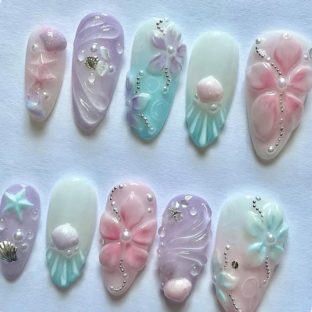 24PCS Press On Nail With Holographics Seashells Accents Gradient Pink Ombres Design Reusable Artificial Nail ABS Material Multi Size Selection