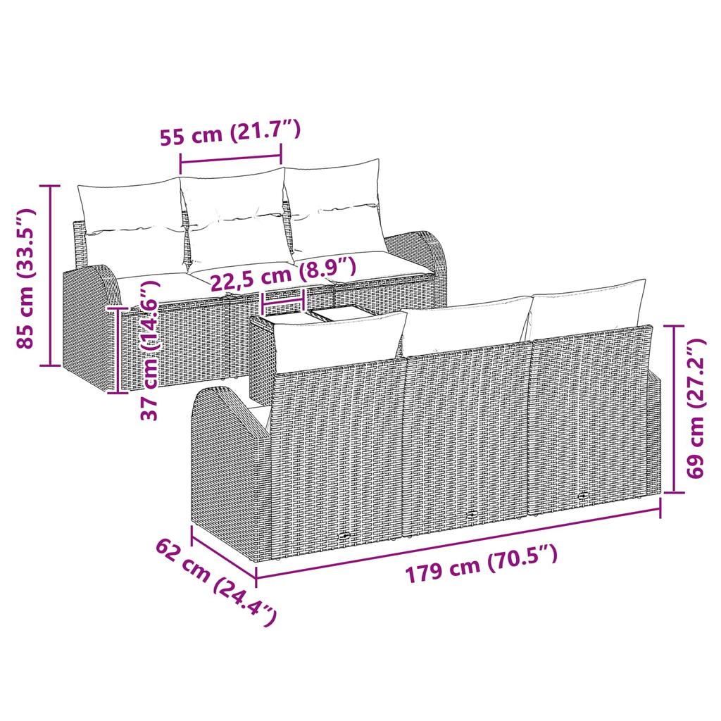 Garden Sofa Set Brown 55 x 55 x 37 cm Poly Rattan