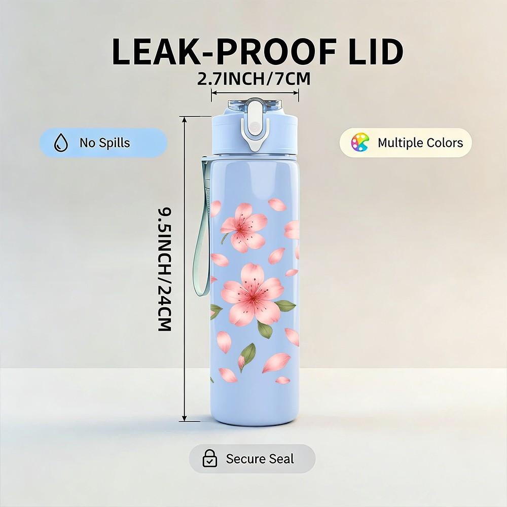 1PC Soft Pink Flower Repeat Pattern 750ml Color Plastic Sports Water Bottle Leakproof Flip Straw Lid Suitable for Sports Office Home Use