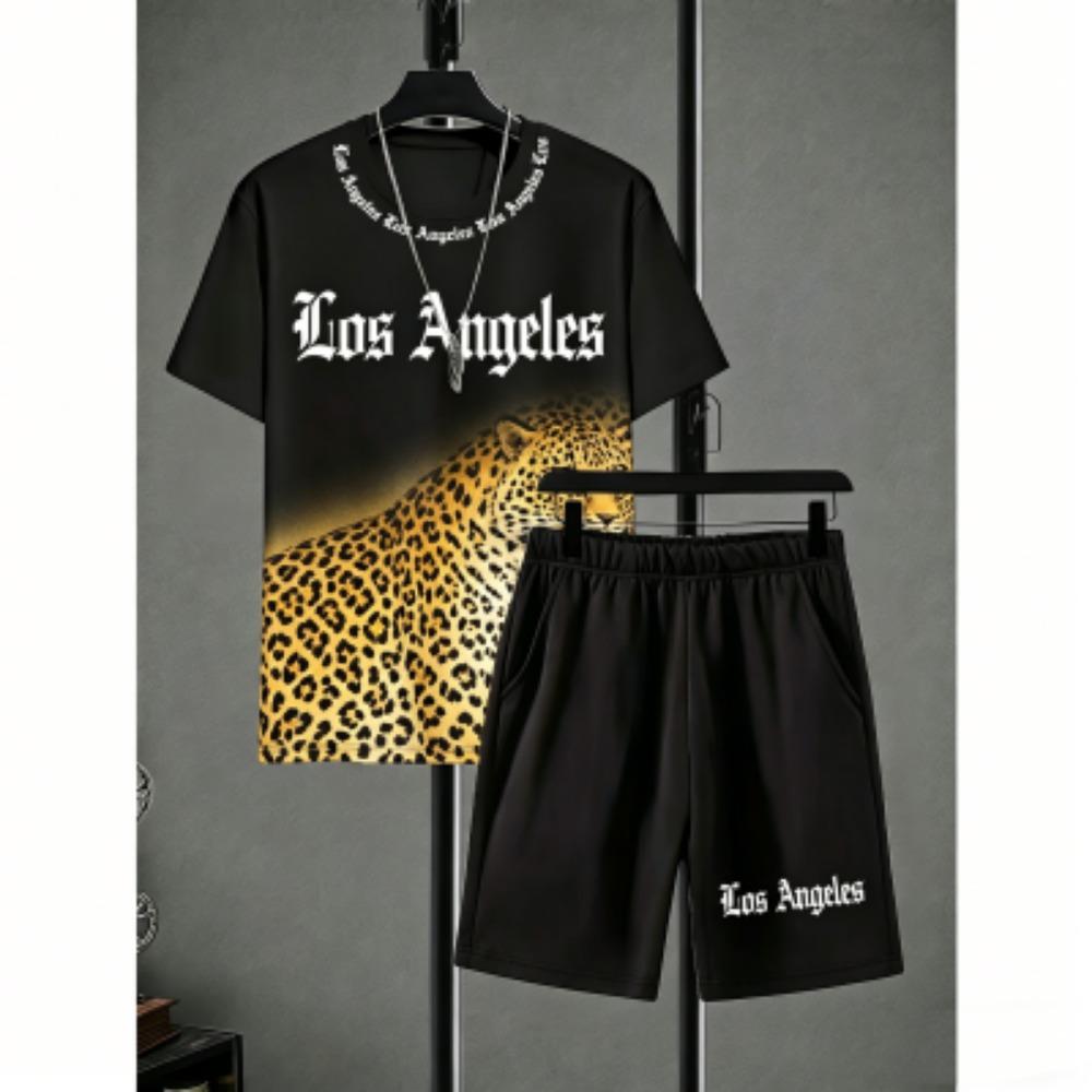 Fun Men's Set Letter Leopard Colorful Printed Men's T-shirt and Shorts 2 Piece Set Summer Casual Outdoor Men's and Women's T-shirt Sets