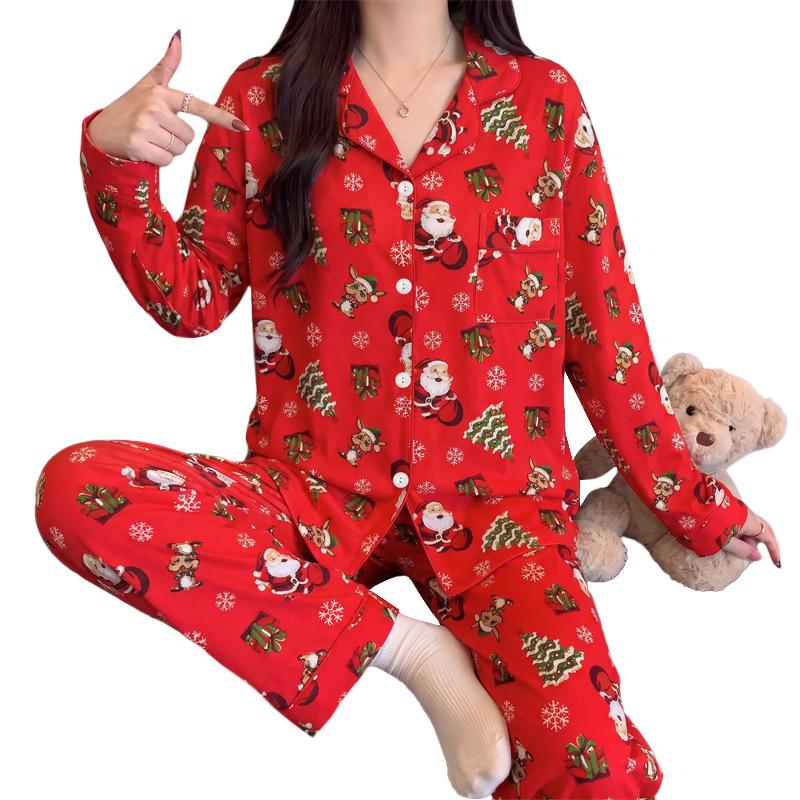 Autumn and winter new Christmas high-value imitation cotton pajamas women's loungewear long-sleeved trousers set can be worn outside