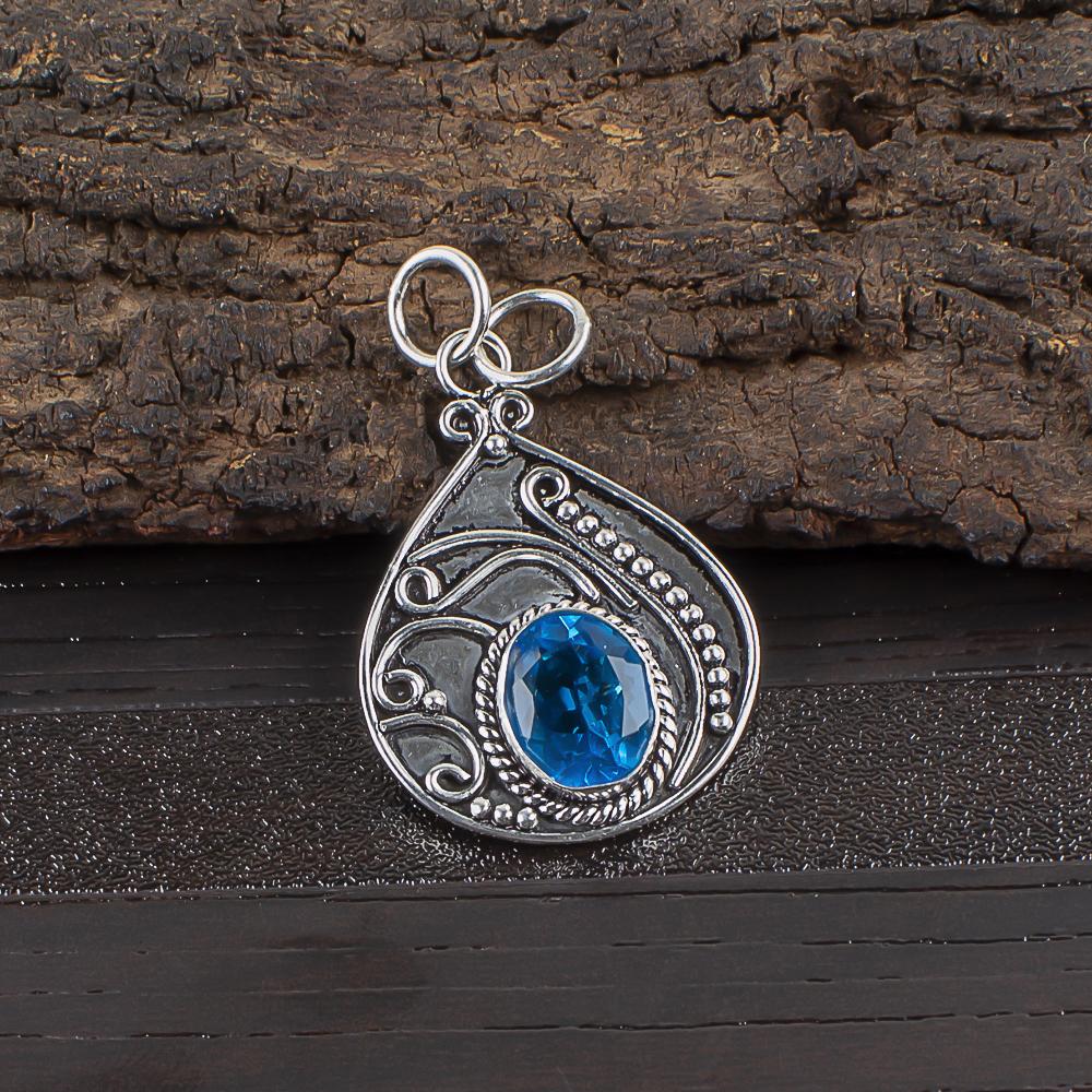 Swiss Blue Topaz Pendant Gemstone Pendant, 925 Solid Sterling Silver Pendant Jewelry Handmade Pendant, Silver Jewelry For Gift