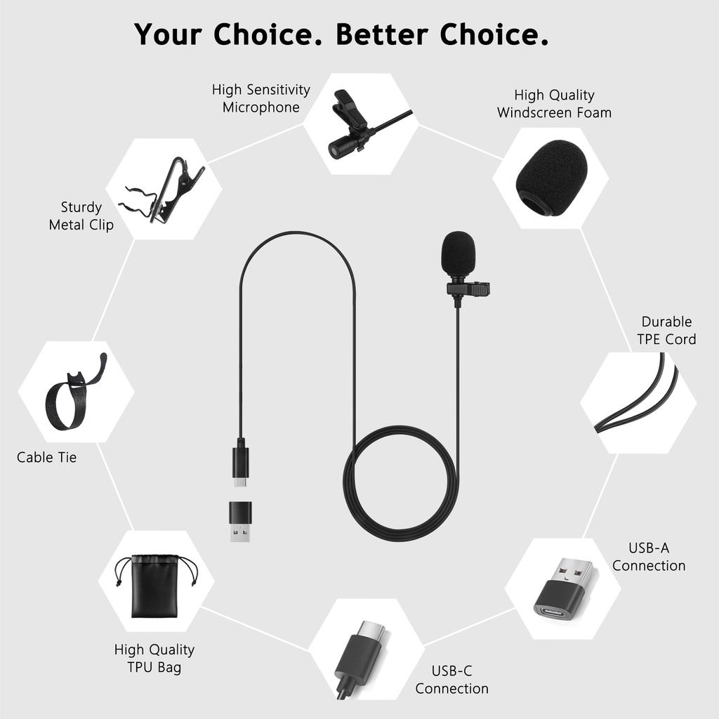 Lavalier microphone with USB-C port, condenser microphone compatible with iPhone 16/15 & Android Type-C, also compatible with PCs and laptops via USB-