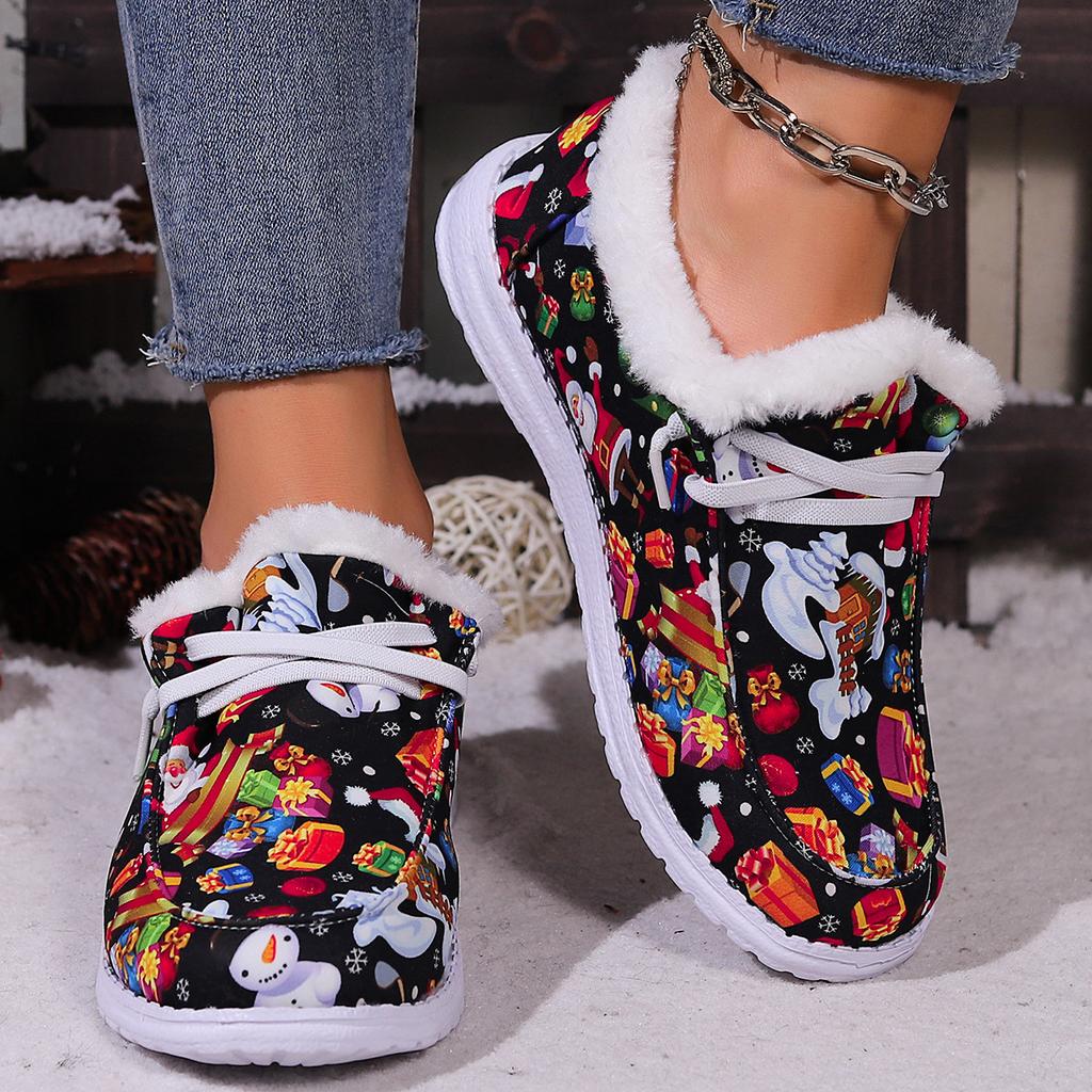 Autumn and Winter New Plus-size Christmas Fur Collar with Thickened Fleece and Versatile Warm Flat Round Toe Cotton Shoes