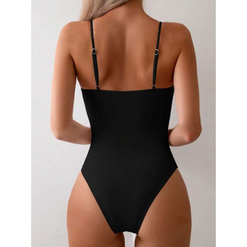 European and American Sexy Hollow One-piece Swimsuit Female Hottie Style Backless Thin Shoulder Straps Cover Belly and Look Thin Vacation Swimsuit