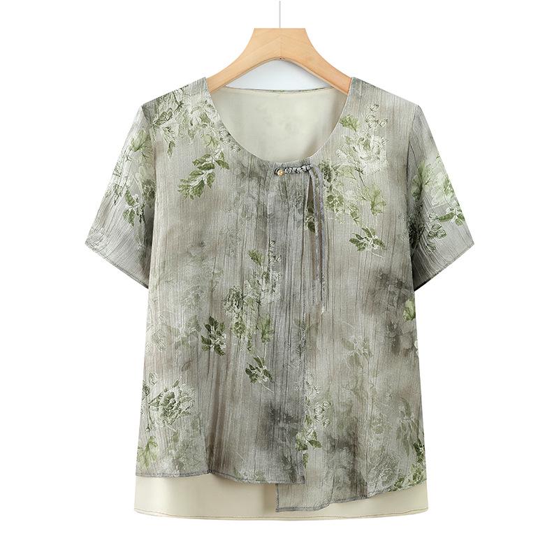

Retro Ethnic Patchwork Pullover for Women - Plus Size, Loose Fit, Summer Style 2XL (110-123 jin) зелёный