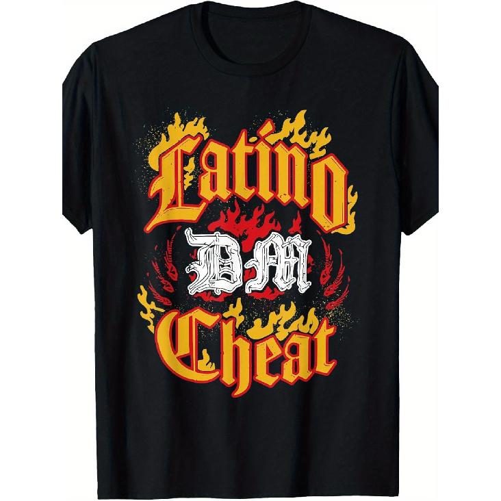 Funny Latino Cheat Not Latino Heat Slogan T-Shirt - Spanish/English Flame & Latino Pride Graphic, Soft 100% Unisex Loose Fit Short Sleeve Tee, Casual S чёрный