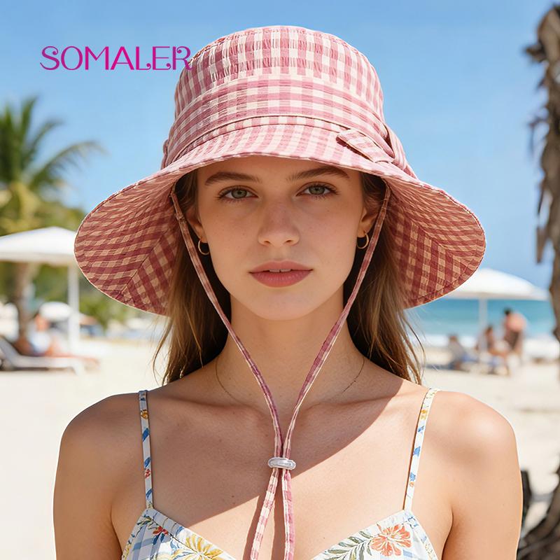 SOMALER Women's Summer Plaid Sun Hat Cotton Beach UV Protection Bucket Hat