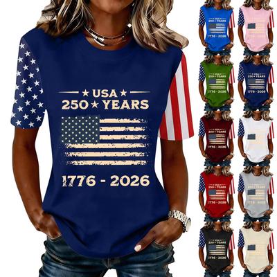 Womens Short Sleeve Crewneck T Shirt USA 250 Years 1776 2026 Graphic Print Distressed Flag Casual Top Patriotic Tee