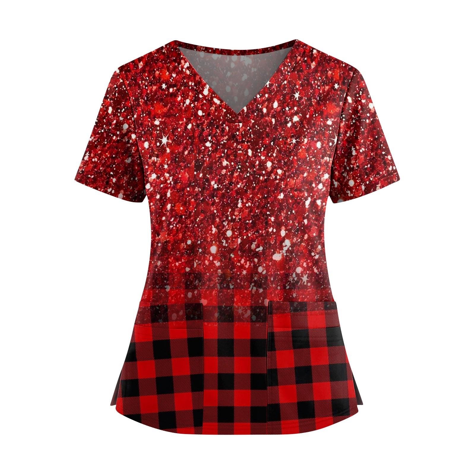 

Women s Fashionable Printed V Neck Double Pocket Short Sleeved Shirt With Slit Hem Uniform And Worker Top L червоний