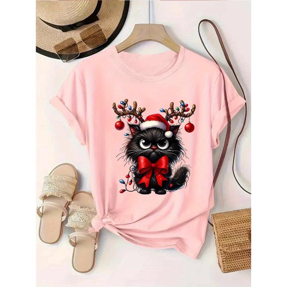 

Женская рождественская футболка с кошкой, милая, в комплекте с рождественской шляпой и рогами, идеально подходит для праздничных вечеринок и повседневной носки 6XL