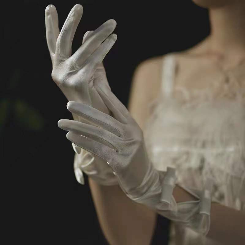 Bridal Gloves White Wedding Gloves White Bow Satin Satin Gloves Wedding Dress Thin