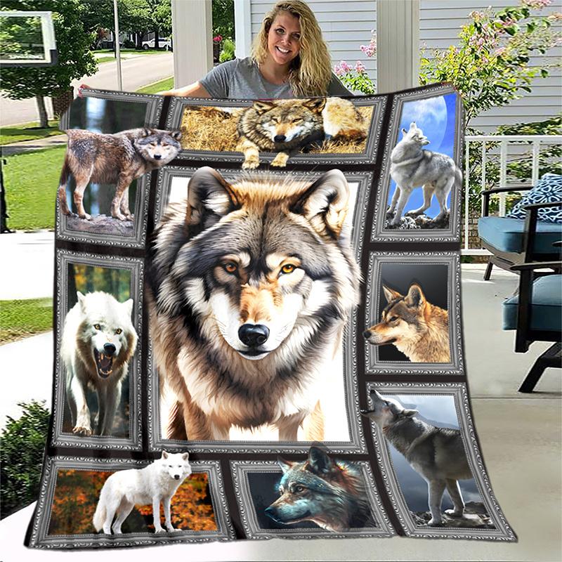 Wolf Photo Frame Collage Flannel Throw Blanket Wild Animal Wolf Portrait Print Warm Sofa Bed Blanket