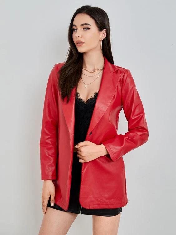 Handmade Red Party Stylish Lambskin Leather Designer Formal Blazer Women Real