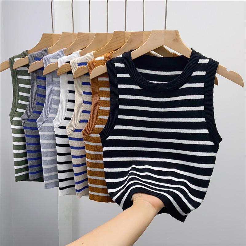 Harajuku Elasticity Women Yoga Sleeveless Crop Tops Allmatch Camisole Y2k Kintted Sports Tops Oneck Casual Thin Stripe Slim Tank Tops Summer