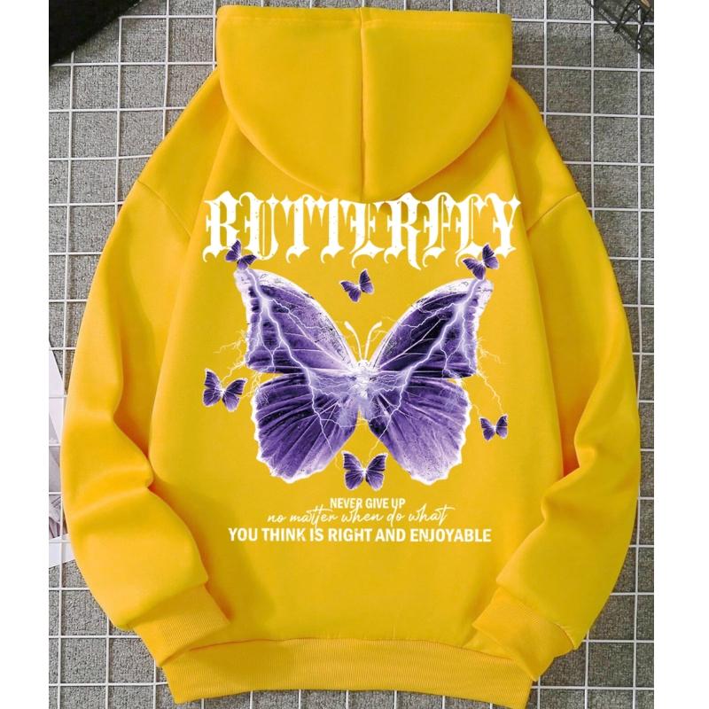 Beautiful Purple Butterfly Printing Hoodies Women Fleece Pocket Hoody Simple Casual Hoodie Autumn Loose Female Streetwear
