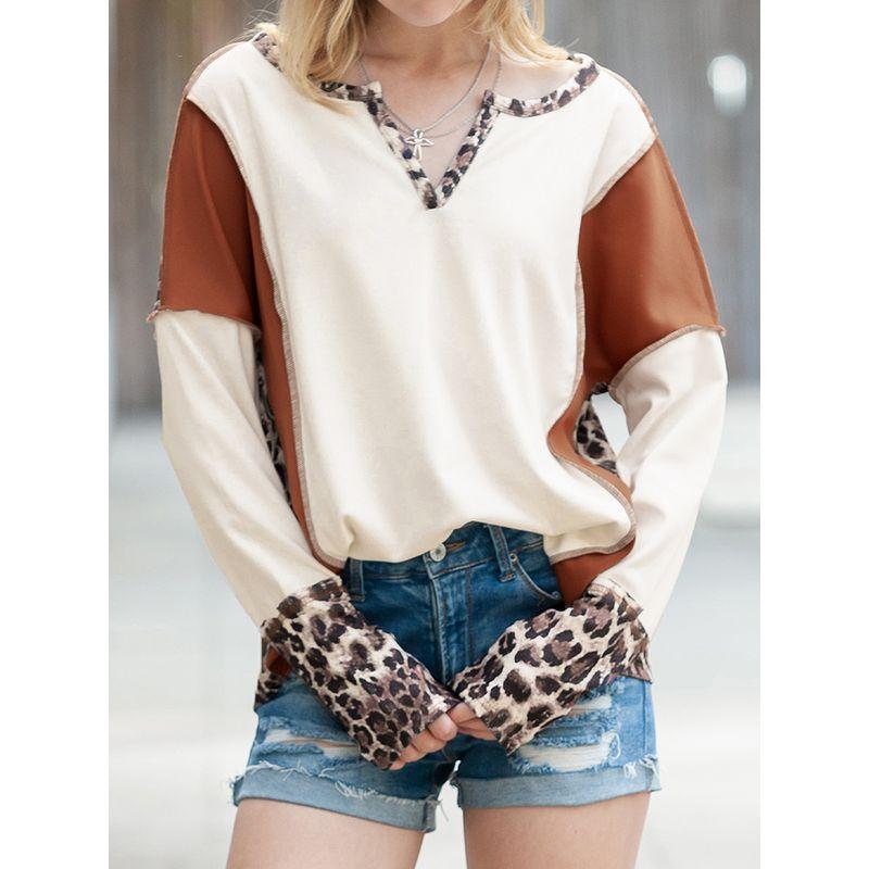 Fashion Leopard Print Stitching Long Sleeve T-shirt Women 2024 Spring & Fall New V-neck Pullover Women Casual Pullover Tops