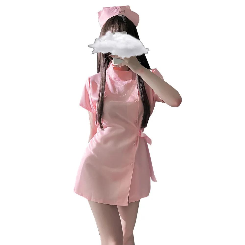 Sexy Roleplay Underwear Women's Tempting Uniform Split Alluring No-Remove Bow Tie Rhinestone Cos Nurse Suit Special Use Clothing