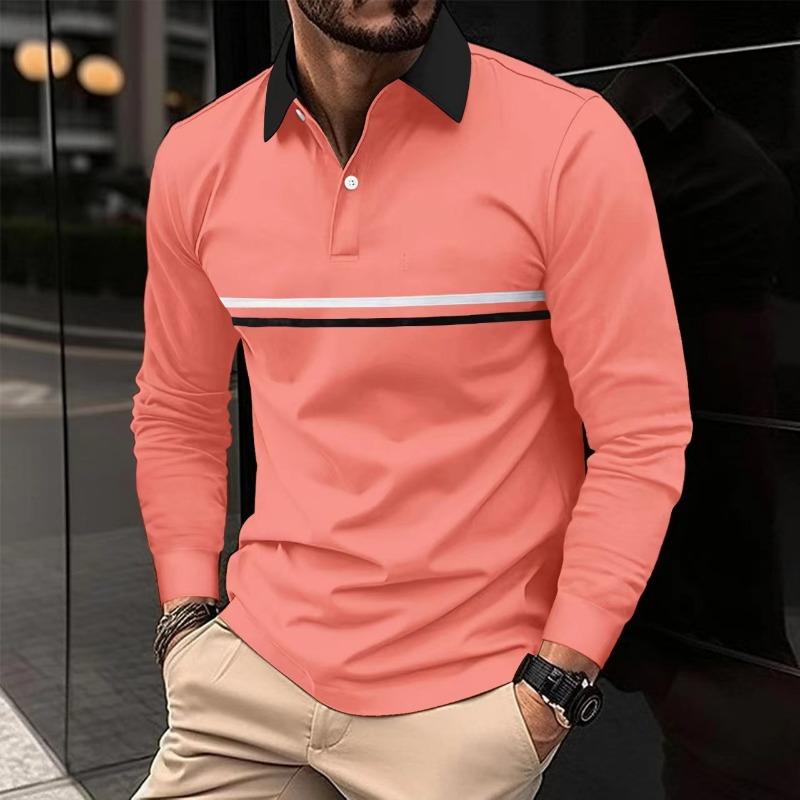 Autumn men's casual solid color POLO shirt with lapel button and men's long sleeved striped POLO shirt