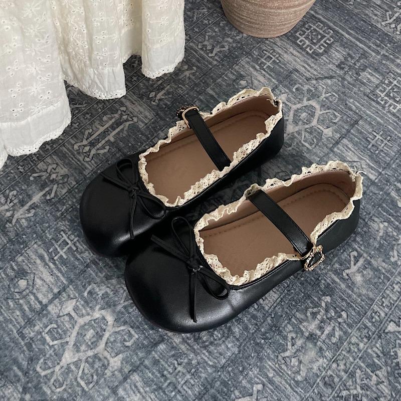 Women's Flat Shoes Vintage Round Toe Elegant Bow Lace Ruffled Ballet Shallow Flats Fashion Comfortable Soft Mary Jane Shoes