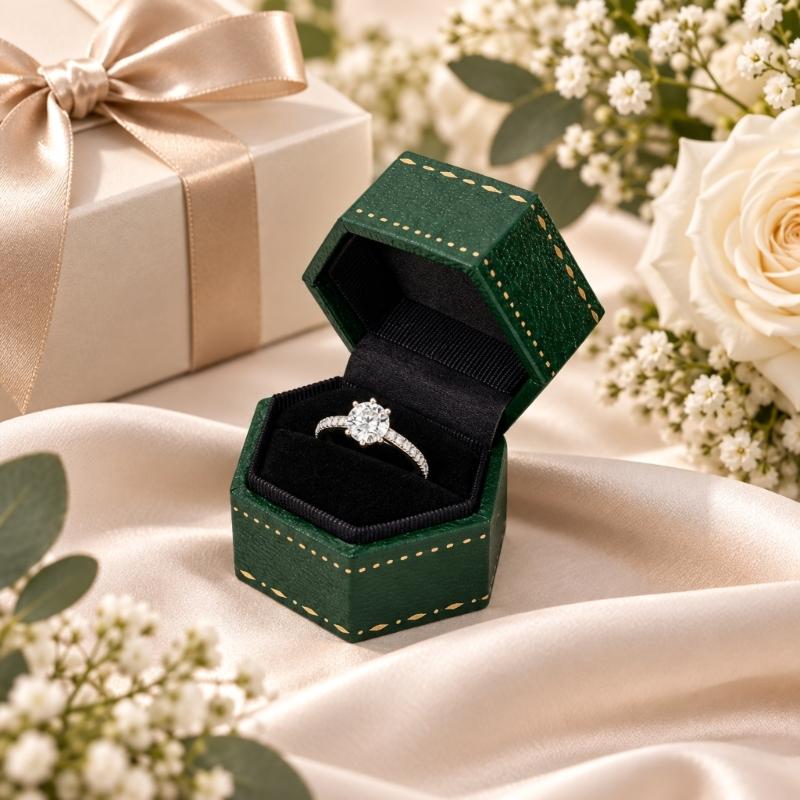 Hexagonal Ring Presentation Box with Black Interior, Gold-Tone Border Pattern, and Attached Lid for Retail Display