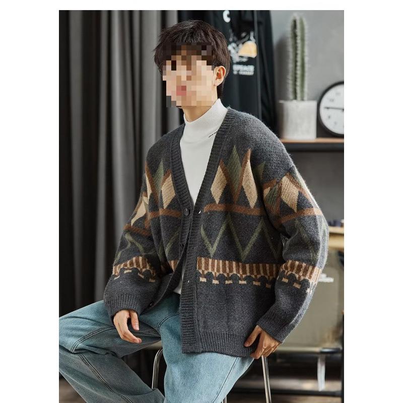 2025 Autumn/Winter Hong Kong Style Loose Knit Men's Color Block Cardigan Sweater for Couples