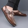 Men Flats Summer Roman Sandals Retro Brown Leather Closed Toe Beach Shoes Large Size