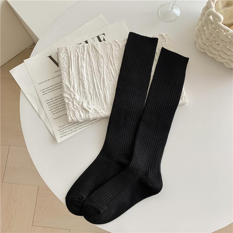 Damen Woll-Wadensocken - Japanisch Retro Gestreift, Uni, Langer Schaft für Herbst/Winter