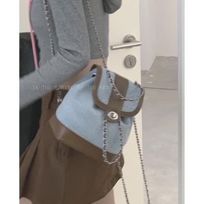 Denim Backpack for Women New Trendy Casual Versatile Simple Backpack Niche Chain Shoulder Bucket Bag