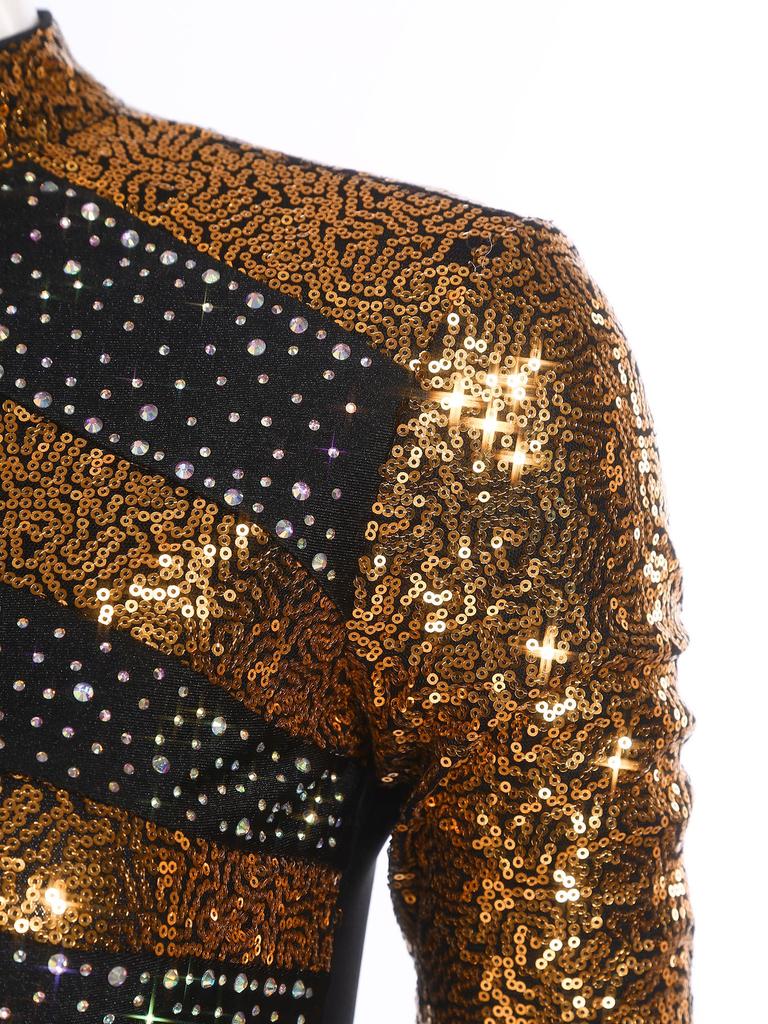 S-XXL Women Two-Piece Lyrical Dance Outfit Mock Neck Long Sleeve Cutout Back Sequins Rhinestones Crop Top with Side Split Sheer Chiffon Pants