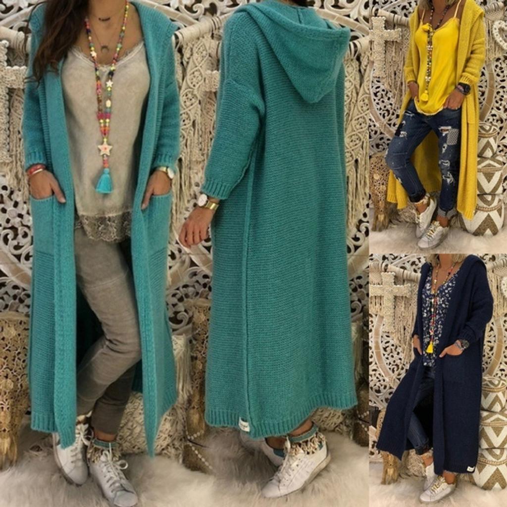 Womens Long Cardigan Sweaters Hooded Knitted Oversized Sweater Coat